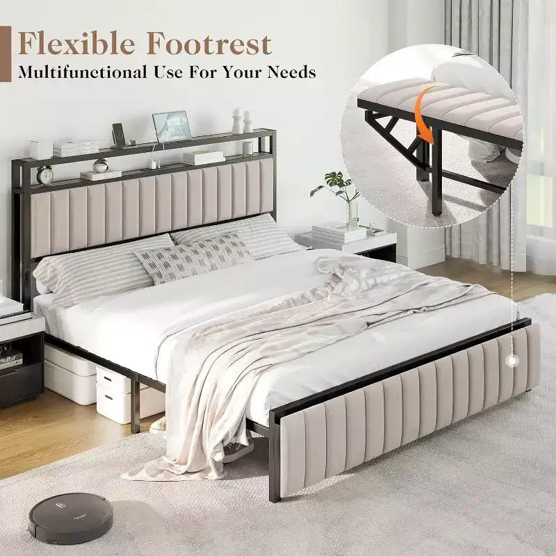 LED Bed Frame with Foldable Ottoman and Charging Station