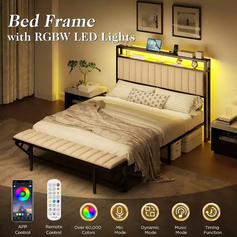 LED Bed Frame with Foldable Ottoman and Charging Station