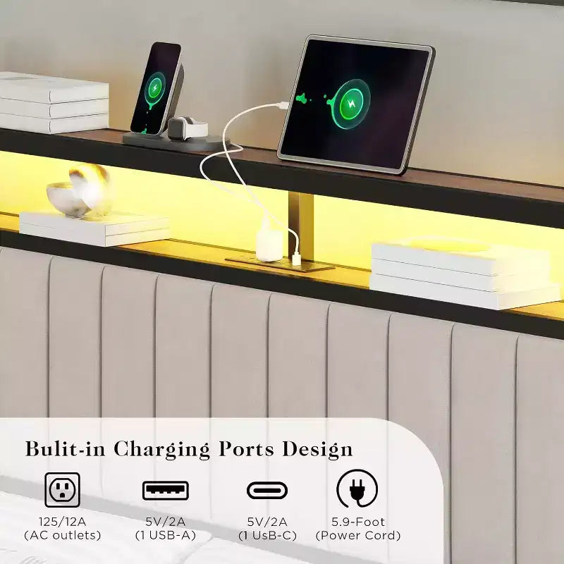 LED Bed Frame with Foldable Ottoman and Charging Station
