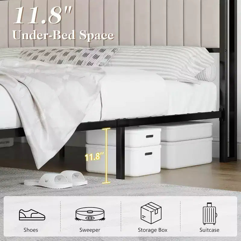 LED Bed Frame with Foldable Ottoman and Charging Station