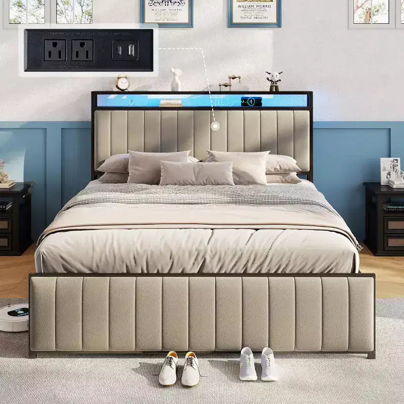 LED Bed Frame with Foldable Ottoman and Charging Station