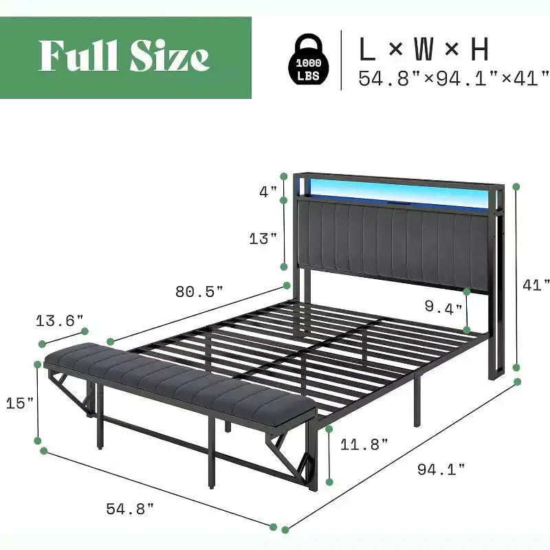 LED Bed Frame with Foldable Ottoman and Charging Station