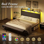 LED Bed Frame with Foldable Ottoman and Charging Station