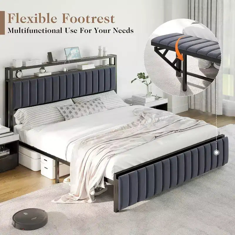 LED Bed Frame with Foldable Ottoman and Charging Station