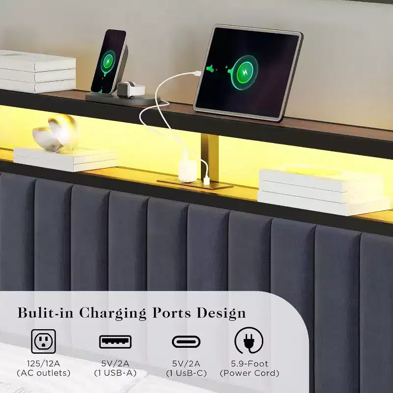 LED Bed Frame with Foldable Ottoman and Charging Station