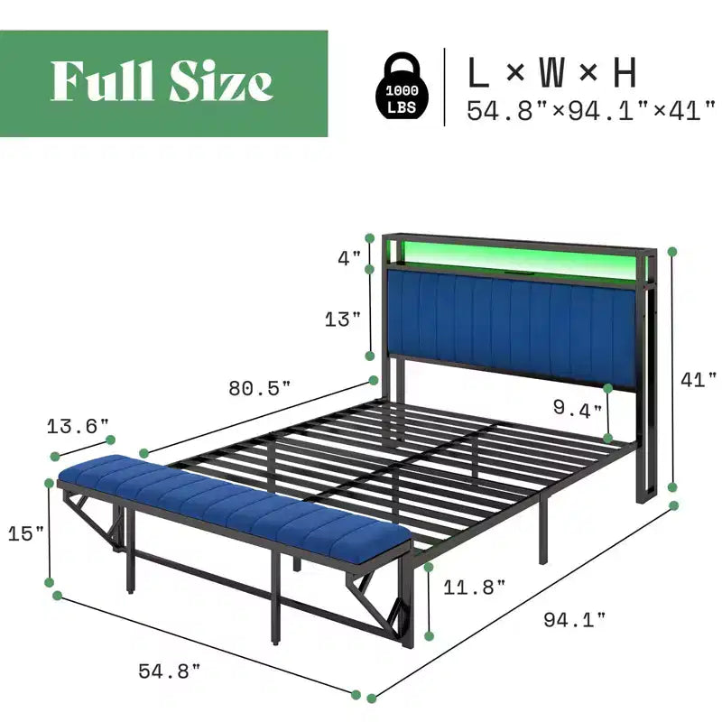 LED Bed Frame with Foldable Ottoman and Charging Station