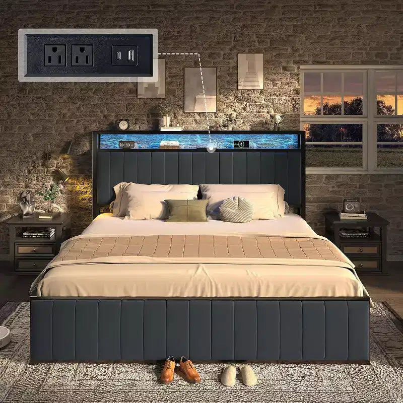 LED Bed Frame with Foldable Ottoman and Charging Station