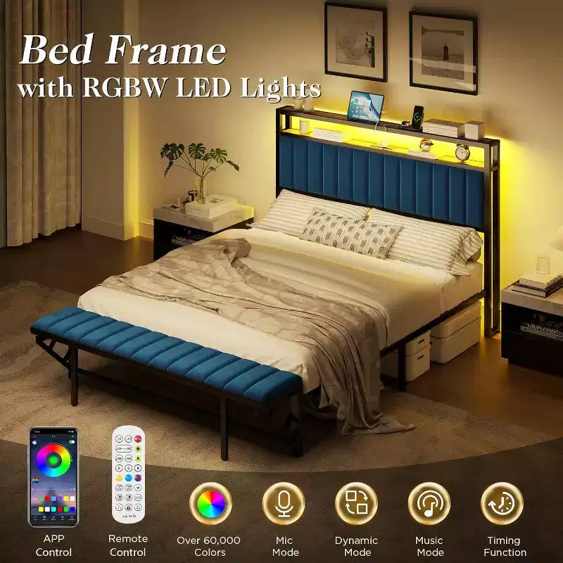 LED Bed Frame with Foldable Ottoman and Charging Station