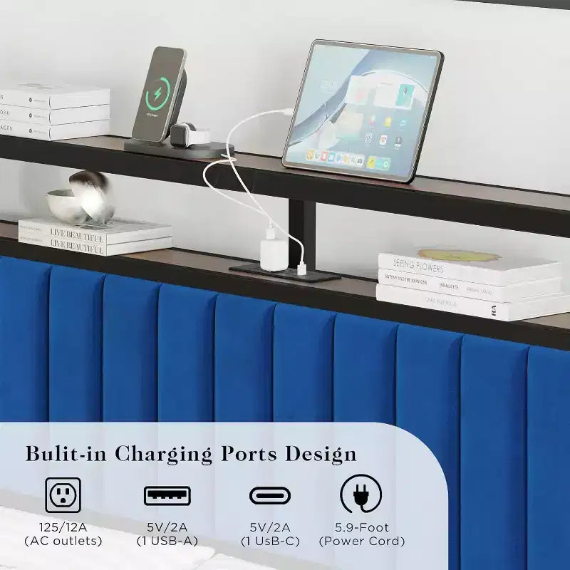 LED Bed Frame with Foldable Ottoman and Charging Station