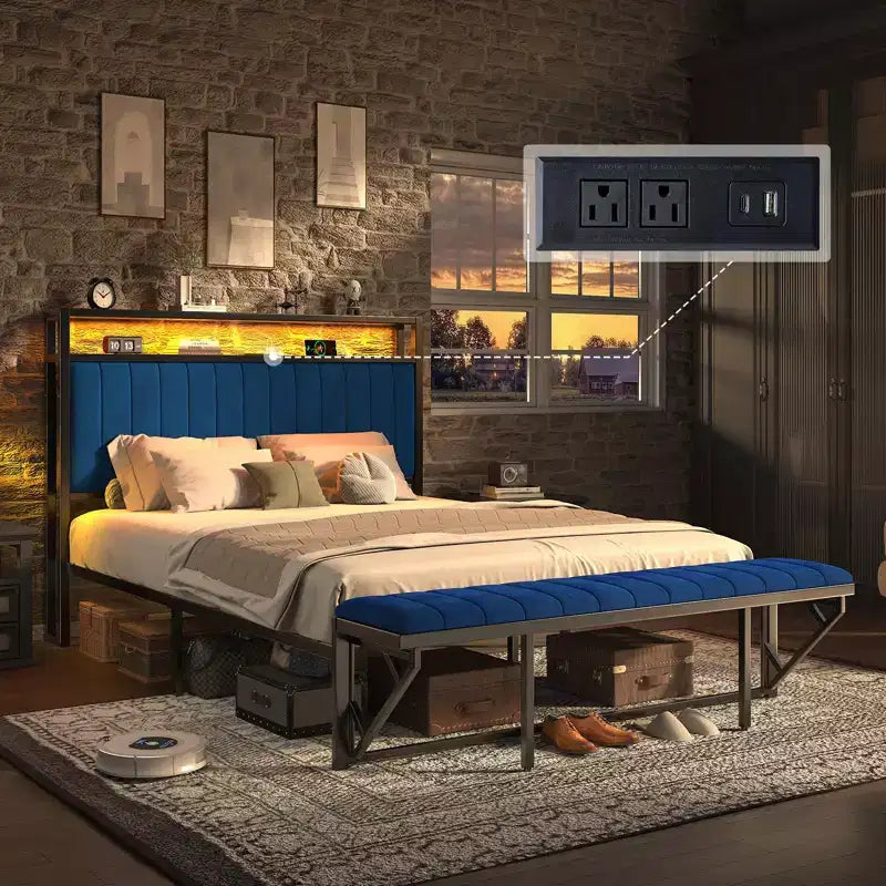 LED Bed Frame with Foldable Ottoman and Charging Station