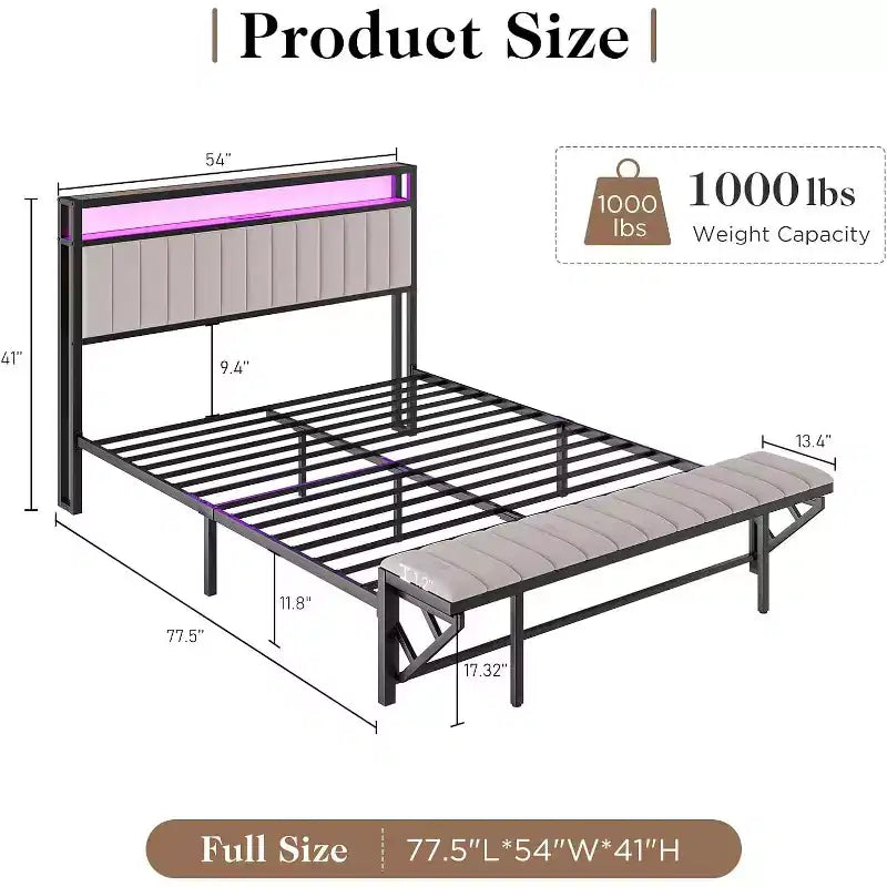 LED Bed Frame with Foldable Ottoman and Charging Station