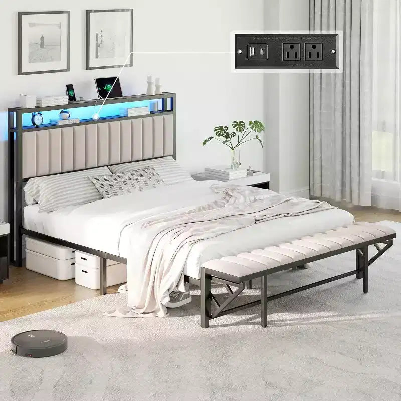 LED Bed Frame with Foldable Ottoman and Charging Station
