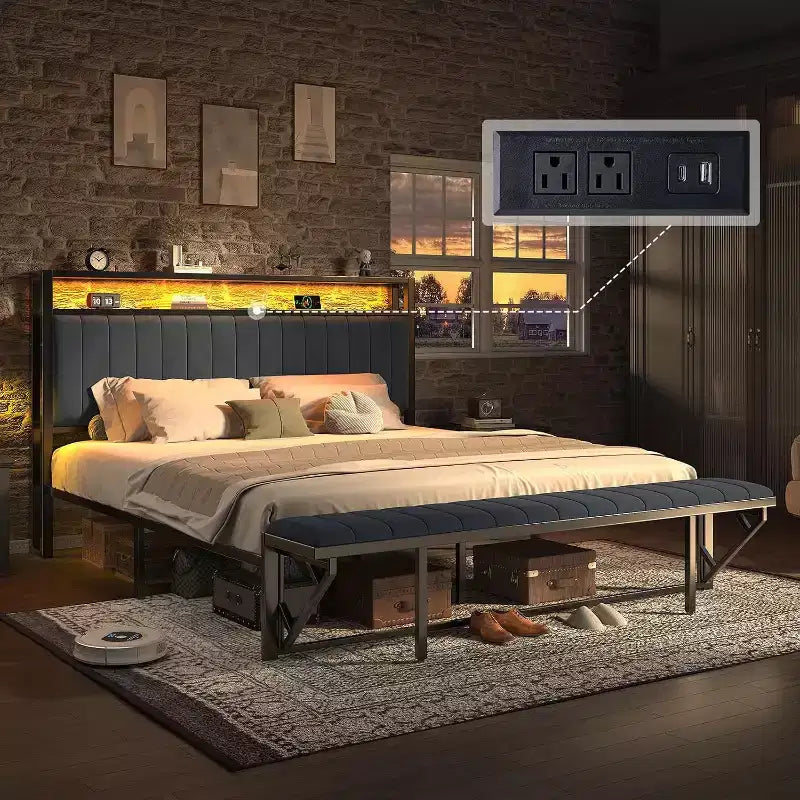 LED Bed Frame with Foldable Ottoman and Charging Station