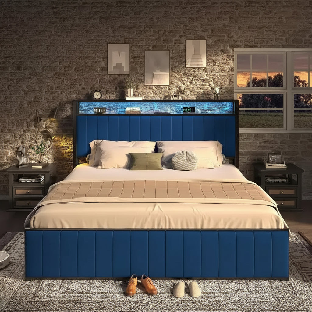 AMERLIFE LED Bed Frame with Foldable Ottoman, Charging Station, Velvet Upholstered Headboard