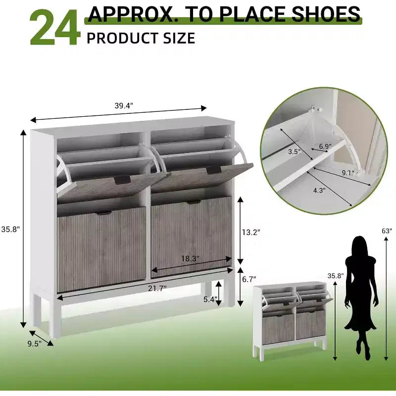 Shoe Cabinet Storage with 4 Flip Drawers, Adjustable Shelves & Metal Legs