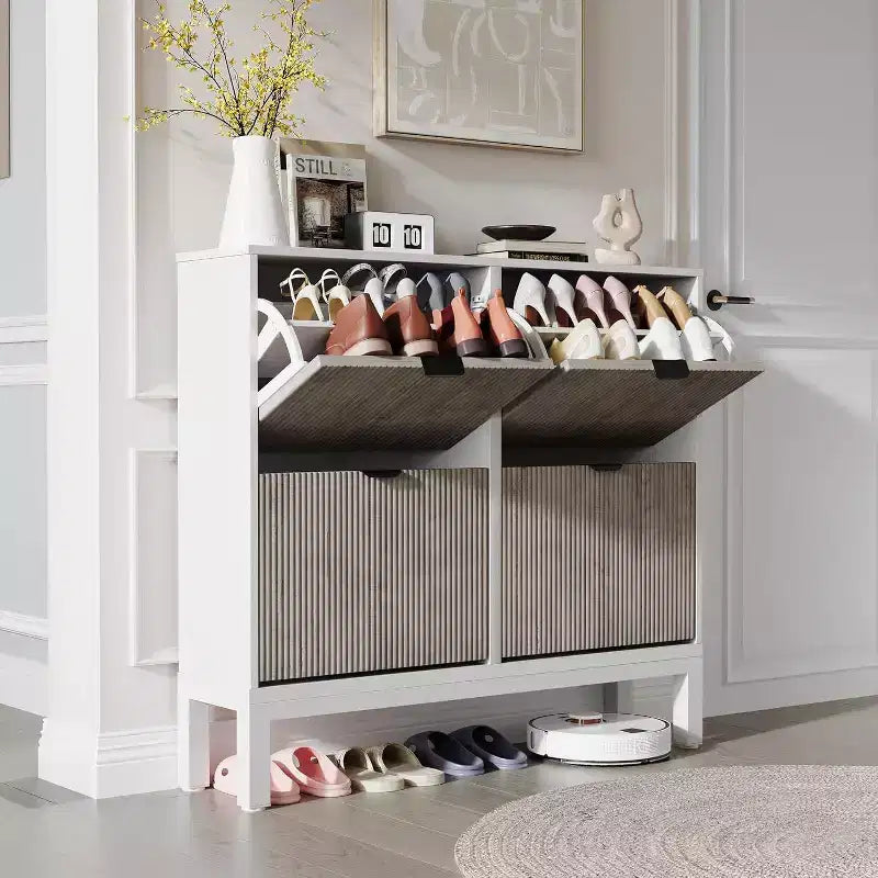 Shoe Cabinet Storage with 4 Flip Drawers, Adjustable Shelves & Metal Legs