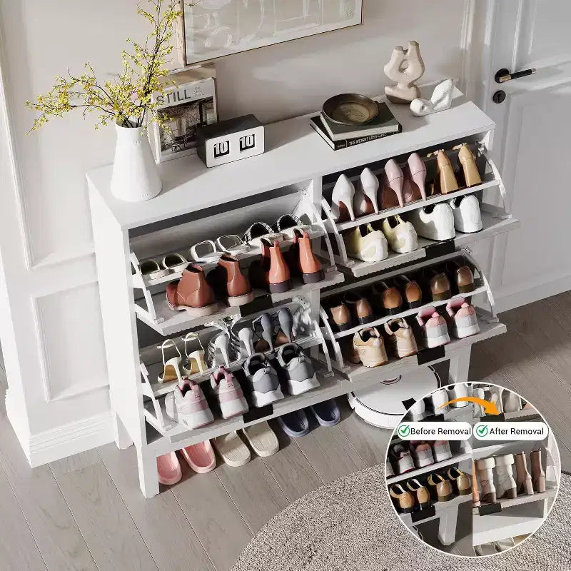 Shoe Cabinet Storage with 4 Flip Drawers, Adjustable Shelves & Metal Legs