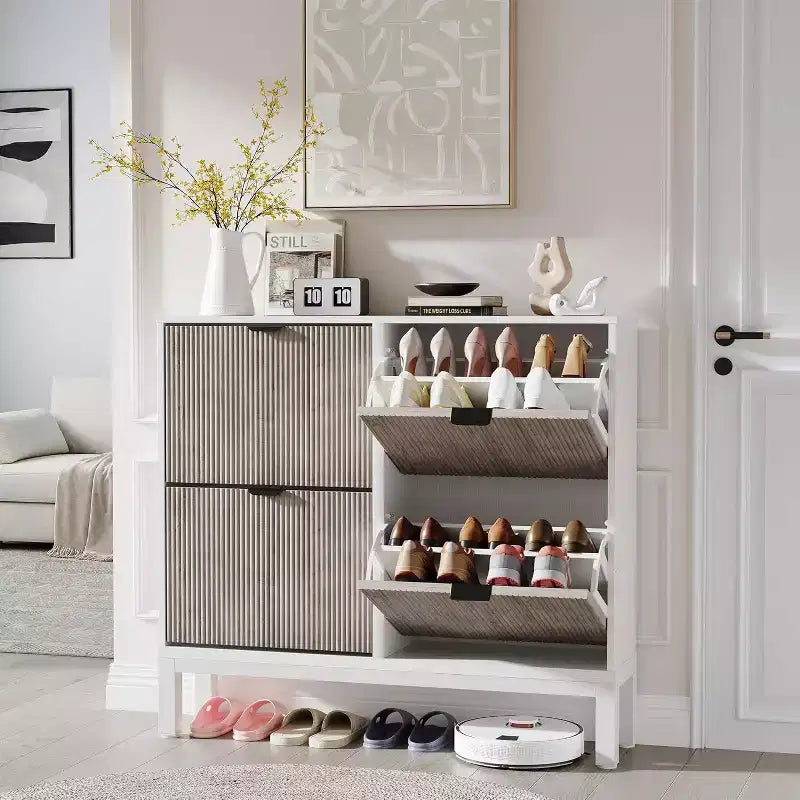 Shoe Cabinet Storage with 4 Flip Drawers, Adjustable Shelves & Metal Legs