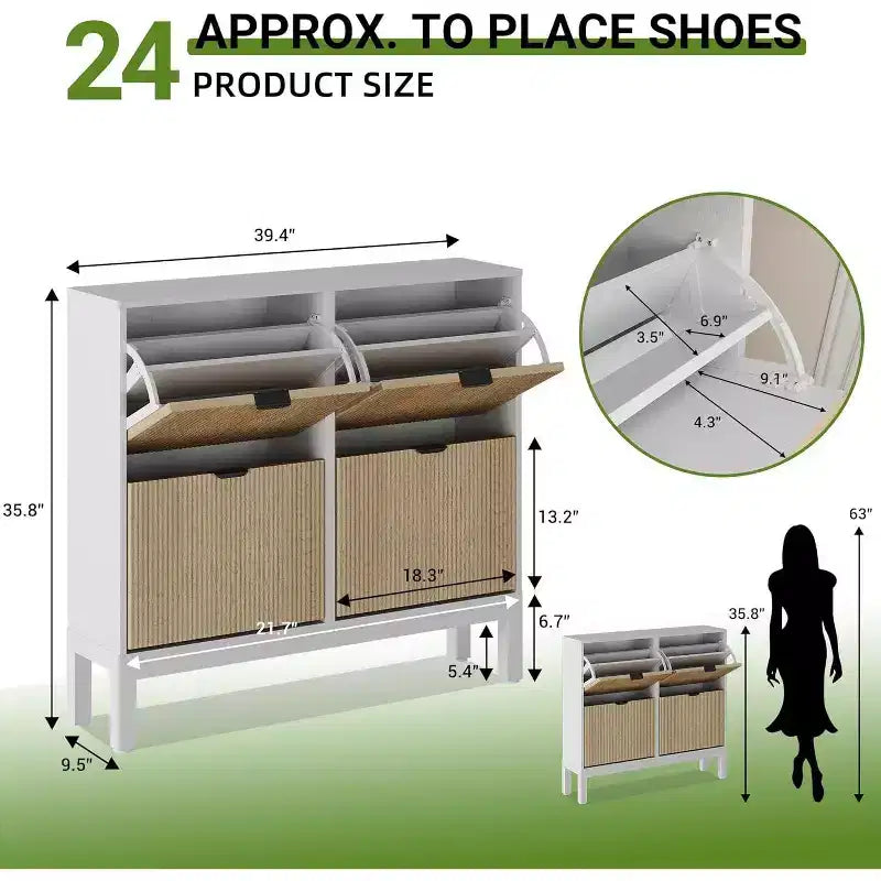 Shoe Cabinet Storage with 4 Flip Drawers, Adjustable Shelves & Metal Legs