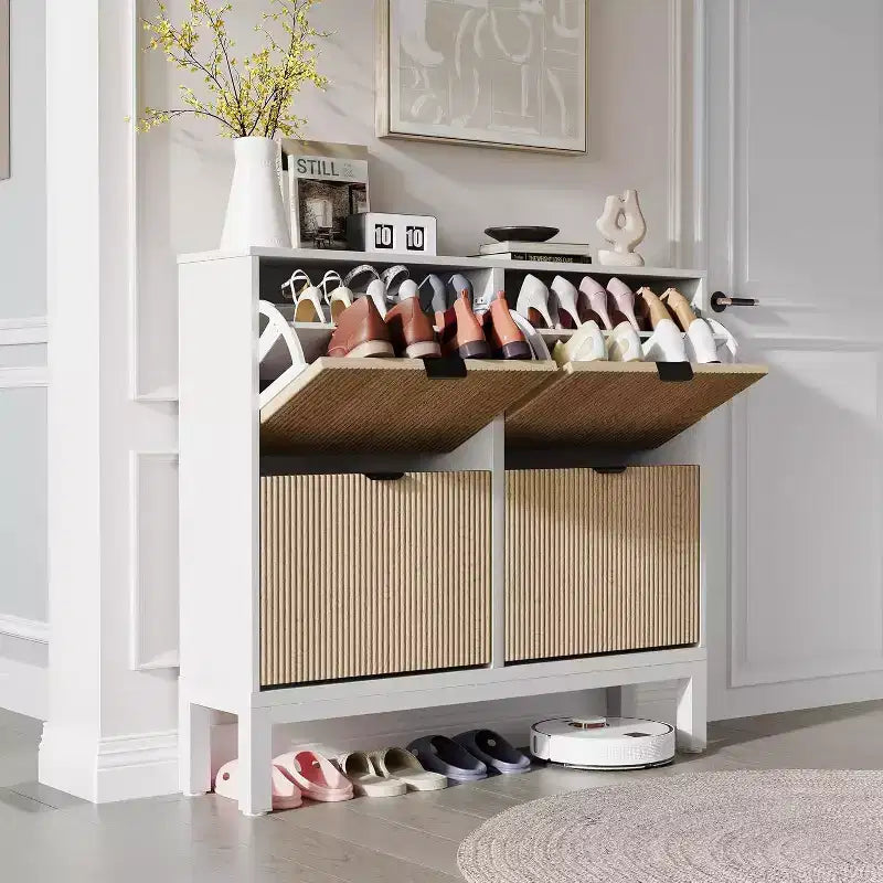 Shoe Cabinet Storage with 4 Flip Drawers, Adjustable Shelves & Metal Legs