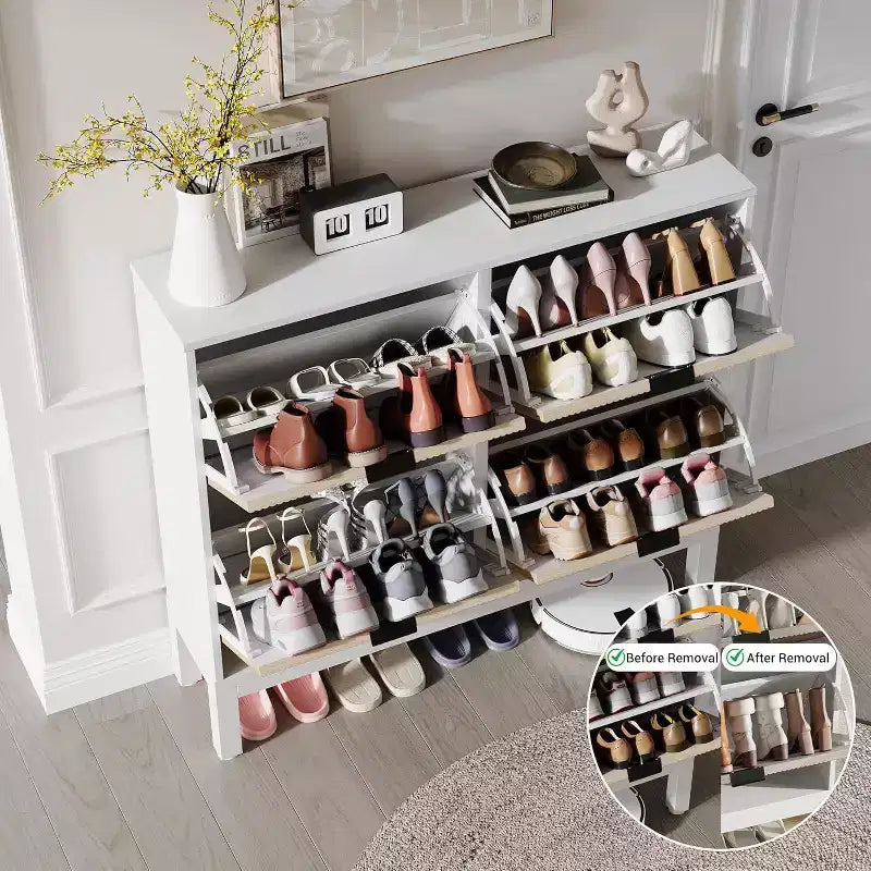 Shoe Cabinet Storage with 4 Flip Drawers, Adjustable Shelves & Metal Legs