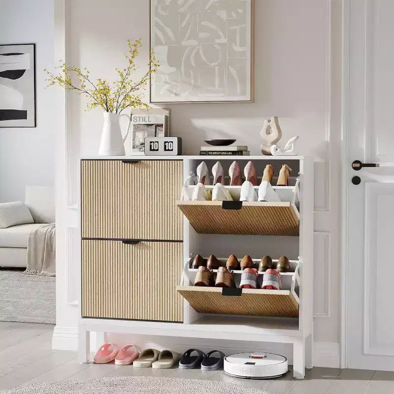 Shoe Cabinet Storage with 4 Flip Drawers, Adjustable Shelves & Metal Legs