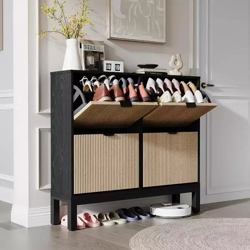 Shoe Cabinet Storage with 4 Flip Drawers, Adjustable Shelves & Metal Legs