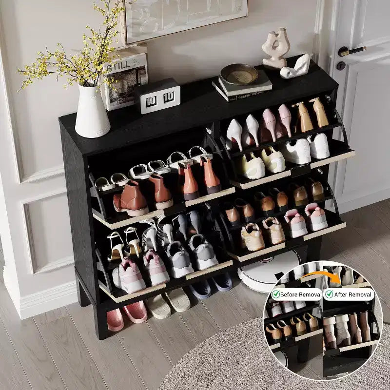 Shoe Cabinet Storage with 4 Flip Drawers, Adjustable Shelves & Metal Legs