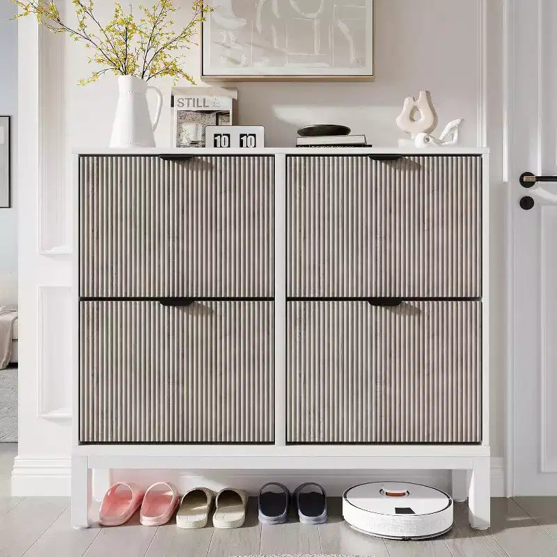 Shoe Cabinet Storage with 4 Flip Drawers, Adjustable Shelves & Metal Legs