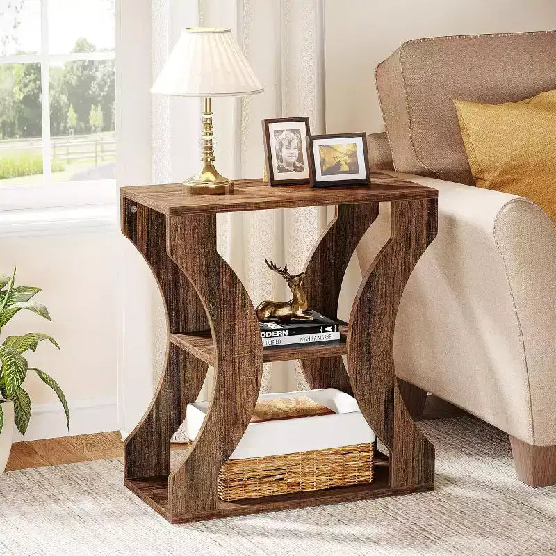 3-Tier Farmhouse End Table with Storage Shelves