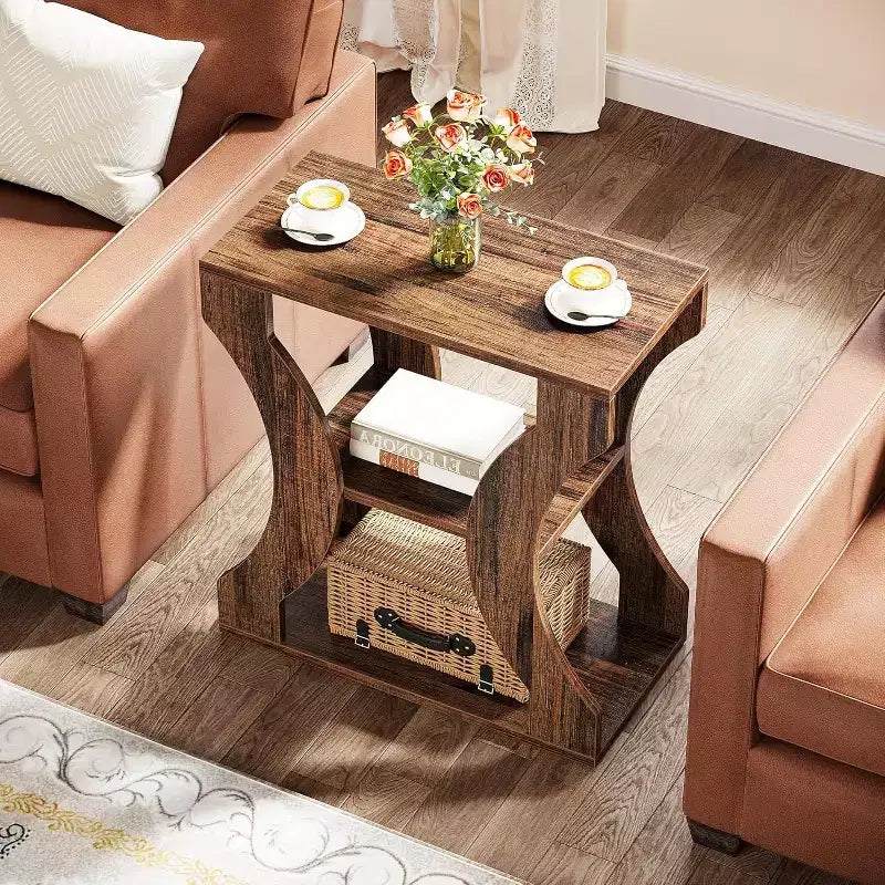3-Tier Farmhouse End Table with Storage Shelves