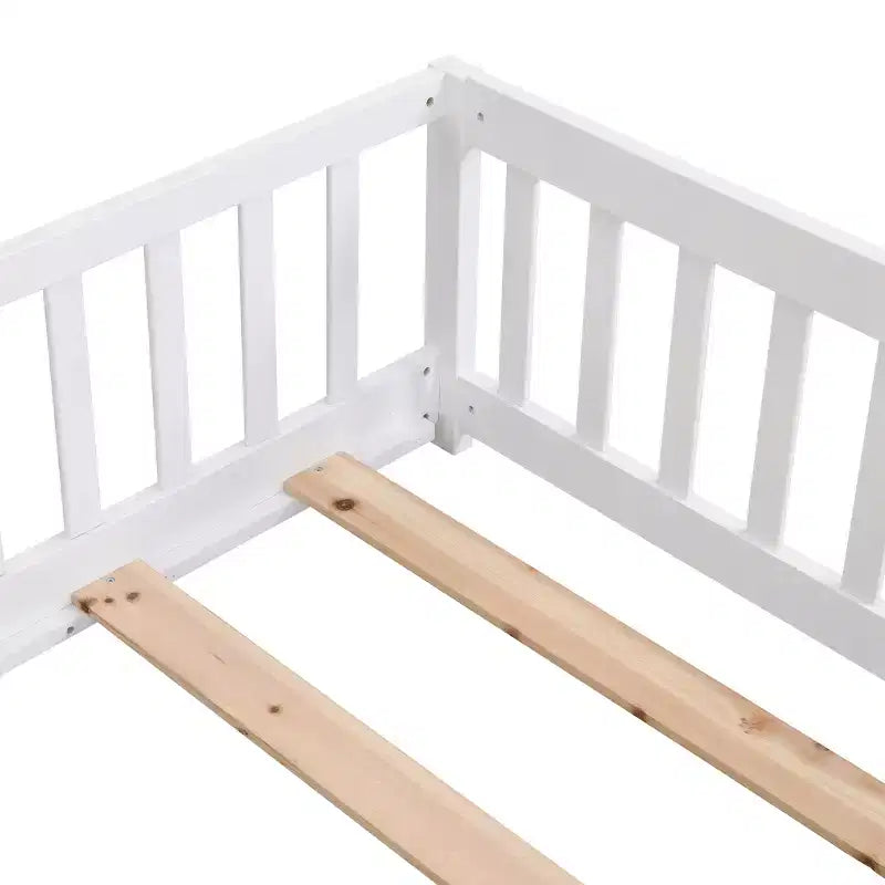 Solid Wood Bed Frame Twin Size with Safety Rails and Slat Support for Kids