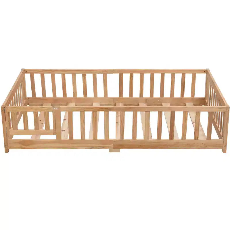 Solid Wood Bed Frame Twin Size with Safety Rails and Slat Support for Kids