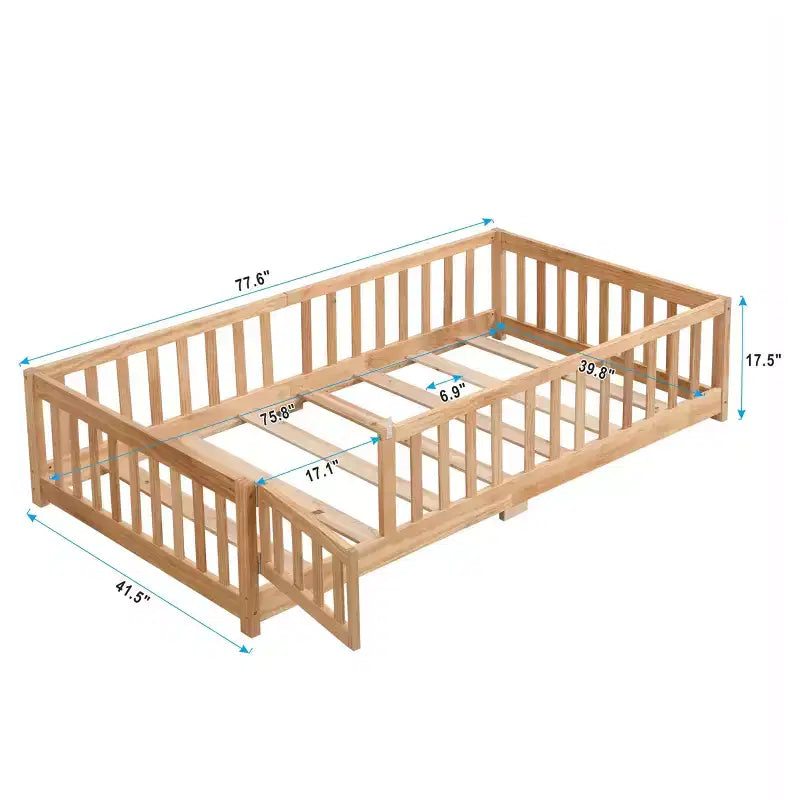 Solid Wood Bed Frame Twin Size with Safety Rails and Slat Support for Kids