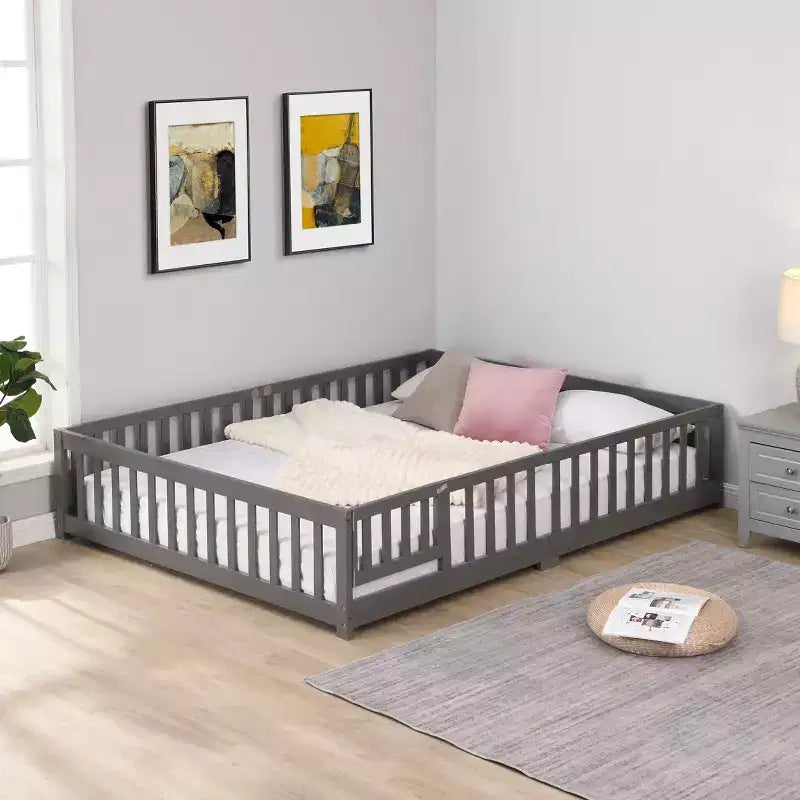 Solid Wood Bed Frame Twin Size with Safety Rails and Slat Support for Kids