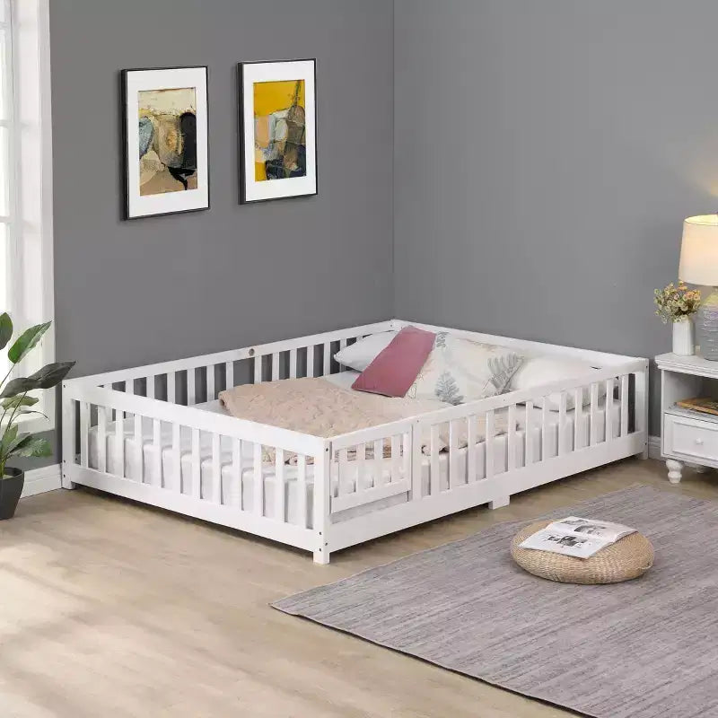 Solid Wood Bed Frame Twin Size with Safety Rails and Slat Support for Kids