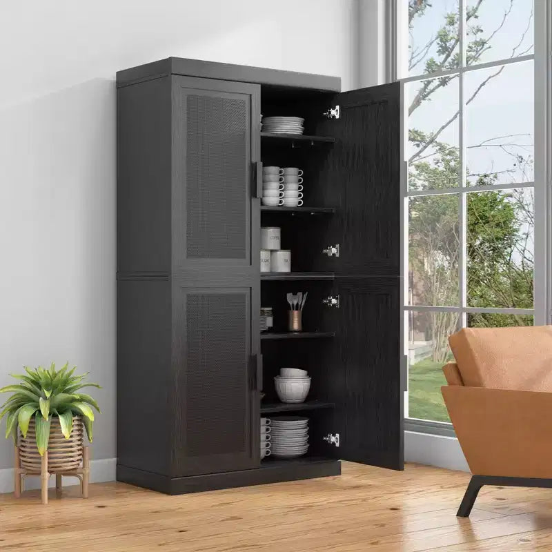 62" Wood Cabinet with Rattan Doors and Adjustable Shelves, 4-Door Storage Cabinet for Living Room, Bedroom, Kitchen