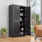 62" Wood Cabinet with Rattan Doors and Adjustable Shelves, 4-Door Storage Cabinet for Living Room, Bedroom, Kitchen