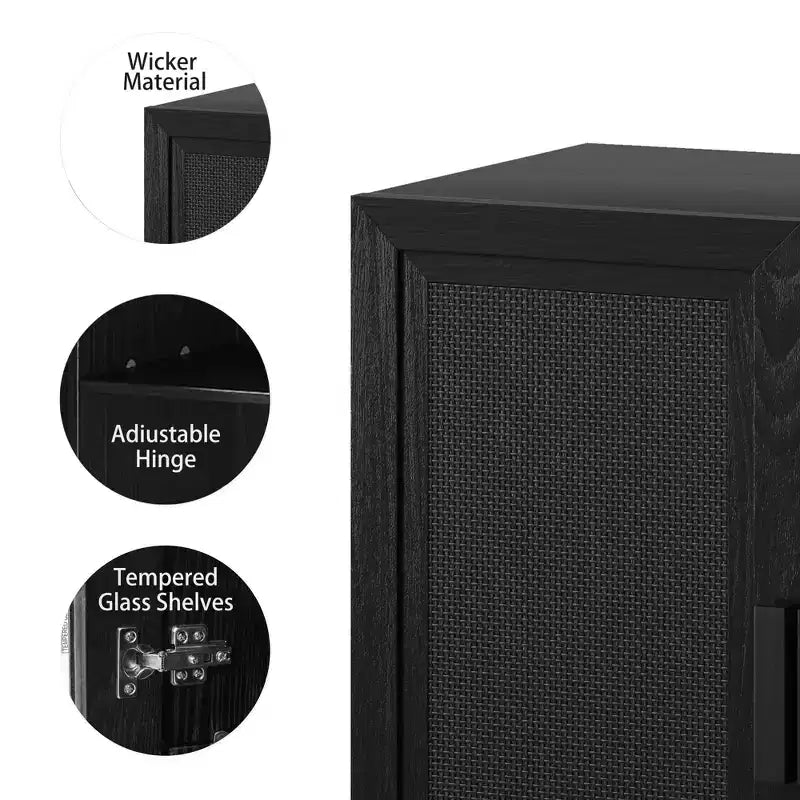 62" Wood Cabinet with Rattan Doors and Adjustable Shelves, 4-Door Storage Cabinet for Living Room, Bedroom, Kitchen