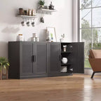 62" Wood Cabinet with Rattan Doors and Adjustable Shelves, 4-Door Storage Cabinet for Living Room, Bedroom, Kitchen