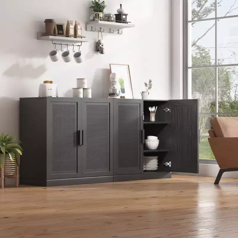 62" Wood Cabinet with Rattan Doors and Adjustable Shelves, 4-Door Storage Cabinet for Living Room, Bedroom, Kitchen