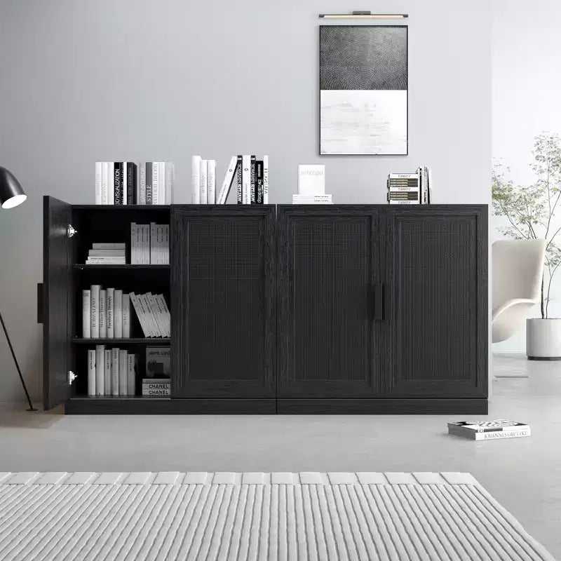 62" Wood Cabinet with Rattan Doors and Adjustable Shelves, 4-Door Storage Cabinet for Living Room, Bedroom, Kitchen