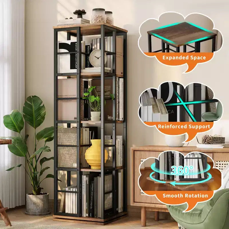 4-Tier Rotating Bookshelf with Metal Frame (15.75 x 54 in)