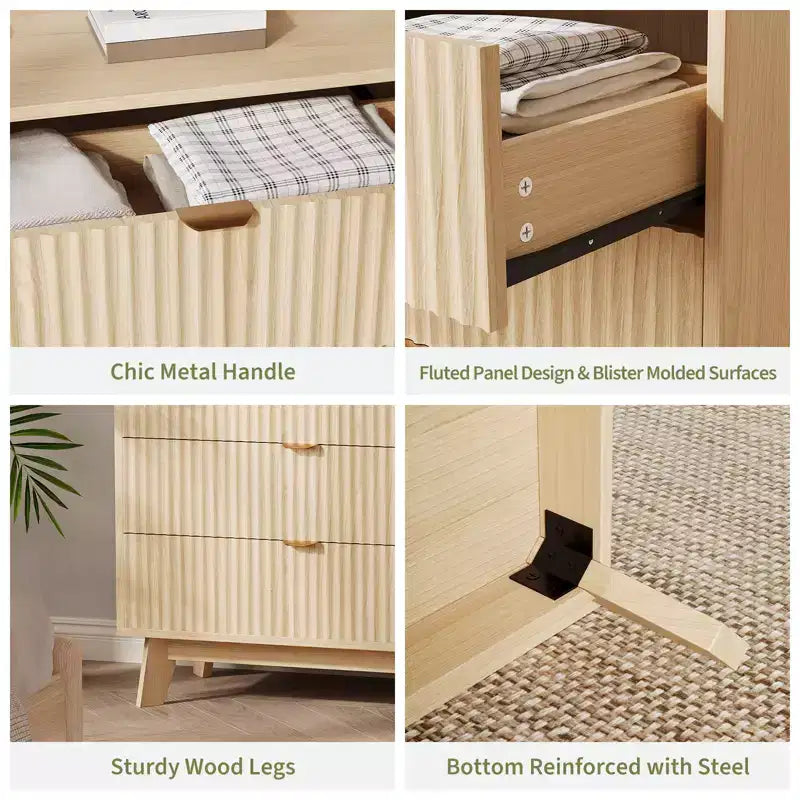 3-Drawer Dresser with Fluted Panel Design, Oak Finish