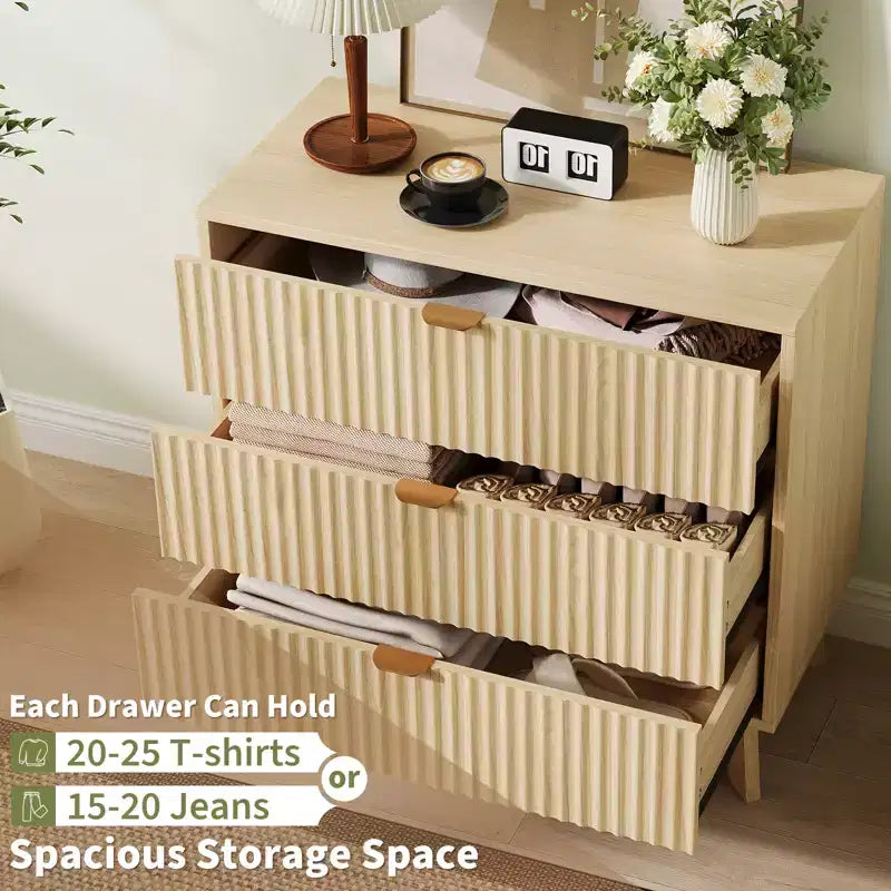 3-Drawer Dresser with Fluted Panel Design, Oak Finish