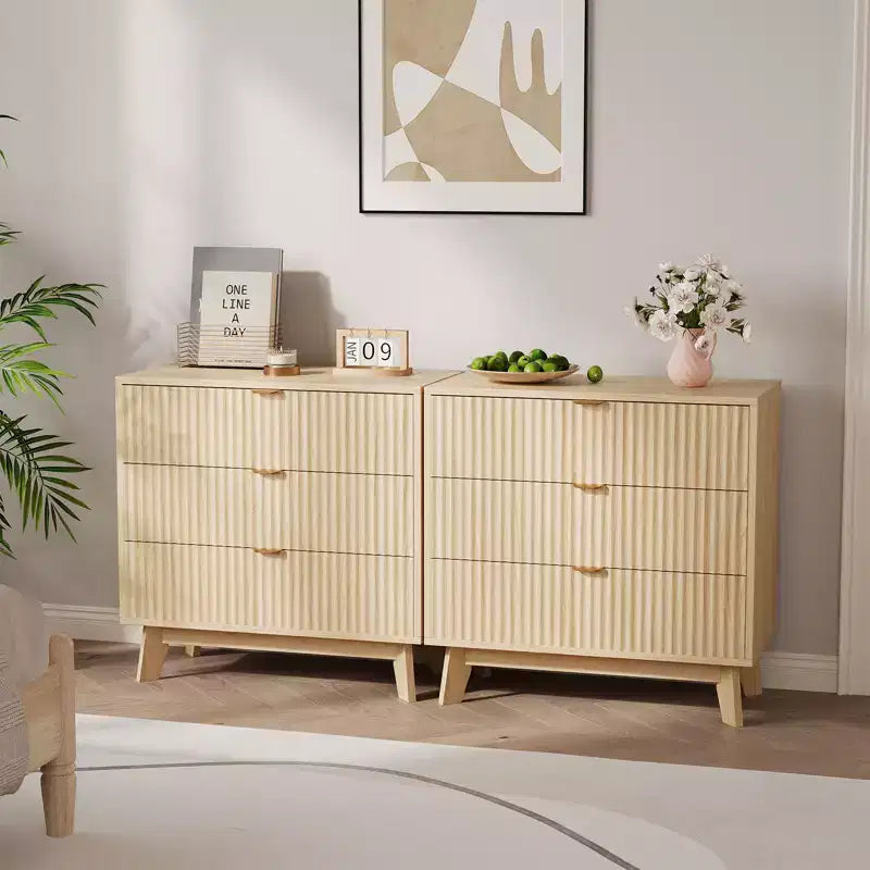 3-Drawer Dresser with Fluted Panel Design, Oak Finish