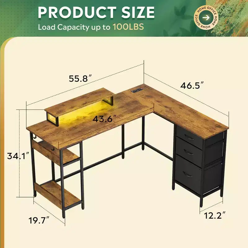 55-Inch L-Shaped Gaming Desk with Storage, Power Outlets & LED Lights