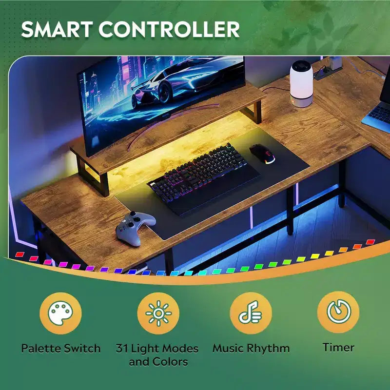 55-Inch L-Shaped Gaming Desk with Storage, Power Outlets & LED Lights
