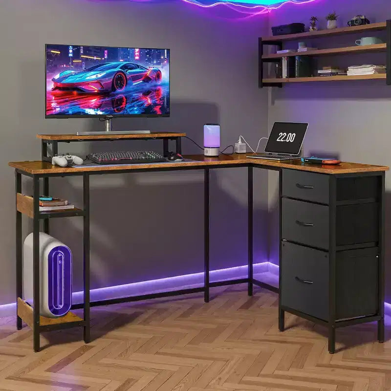 55-Inch L-Shaped Gaming Desk with Storage, Power Outlets & LED Lights