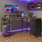 55-Inch L-Shaped Gaming Desk with Storage, Power Outlets & LED Lights